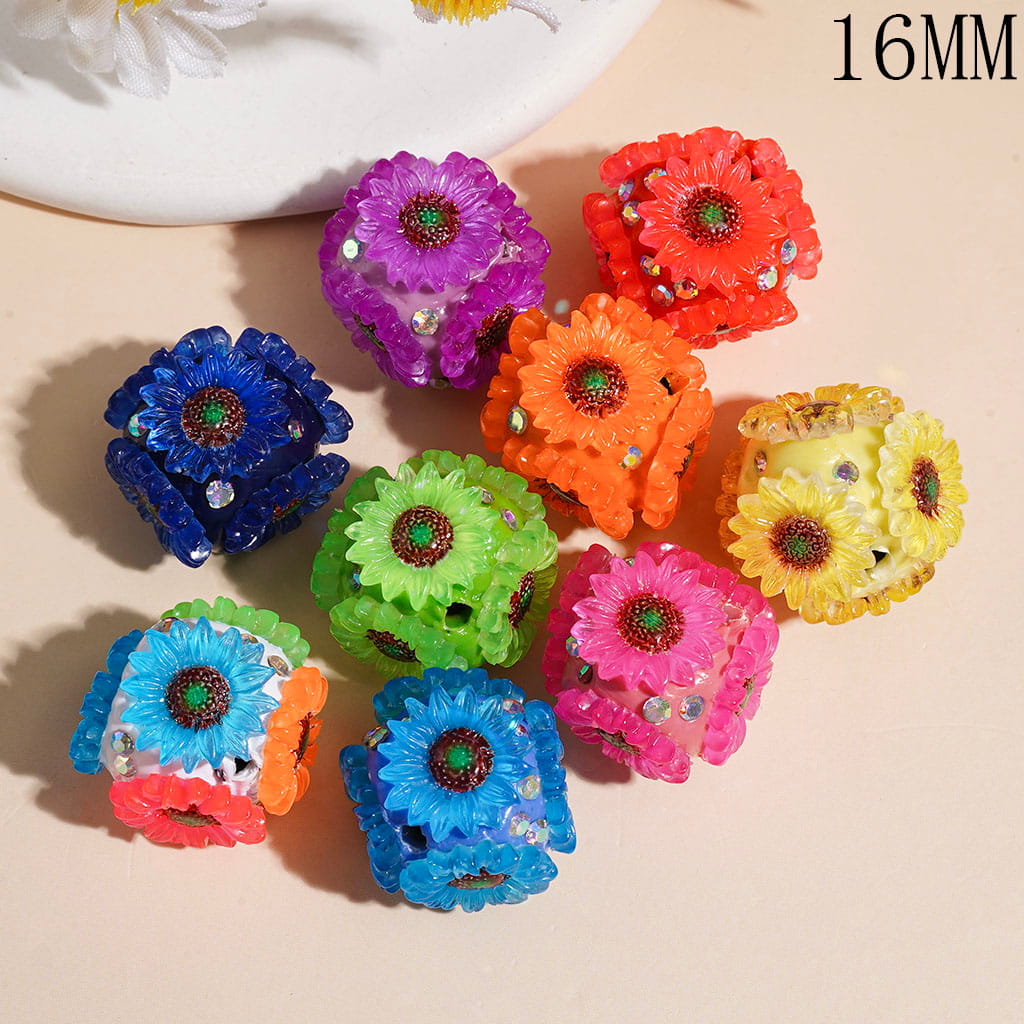 Clay Beads with Daisy Flower and AB Rhinestones, 16MM Multi-Color Random Mix
