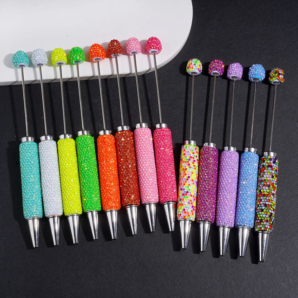 Beadable Clay Pens with Sparkling Iridescent Rhinestones Covered the Entire Pens, Silver Metal Ring, Multi-Color