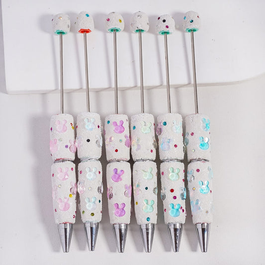 Beadable Clay Pens with Cute Bunny Heads Colorful Shiny Rhinestones Mini Snow Balls Covered the Entire Pen, Random Mix