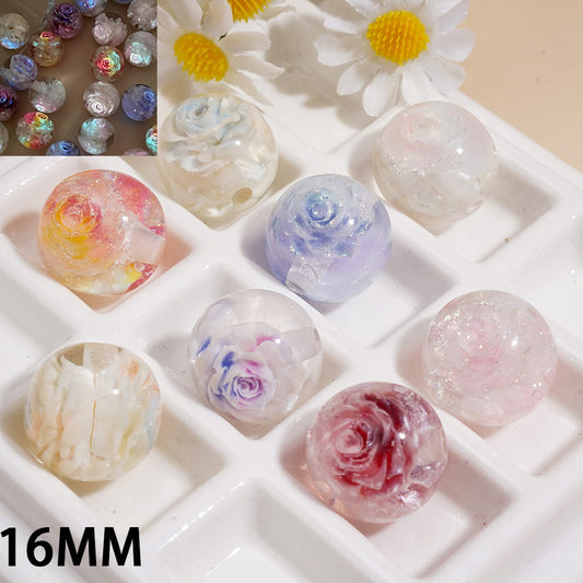 Acrylic Beads for Bracelets with Luminous Rose Flowers Embedded Inside Bead, Clear, 16MM, Random Mix