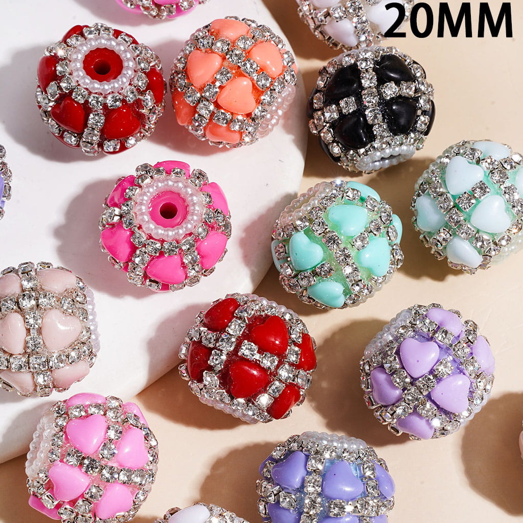 Cross Shaped Clear Rhinestone Chains & Heart Ornament Handmade Acrylic Beads, White Pearl Loop, 20MM, Multicolor, Random Mix