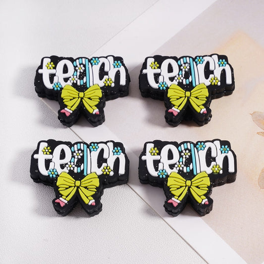 Silicone Focal Beads Teach with Cute Flowers and Beautiful Green Pencil Bowtie