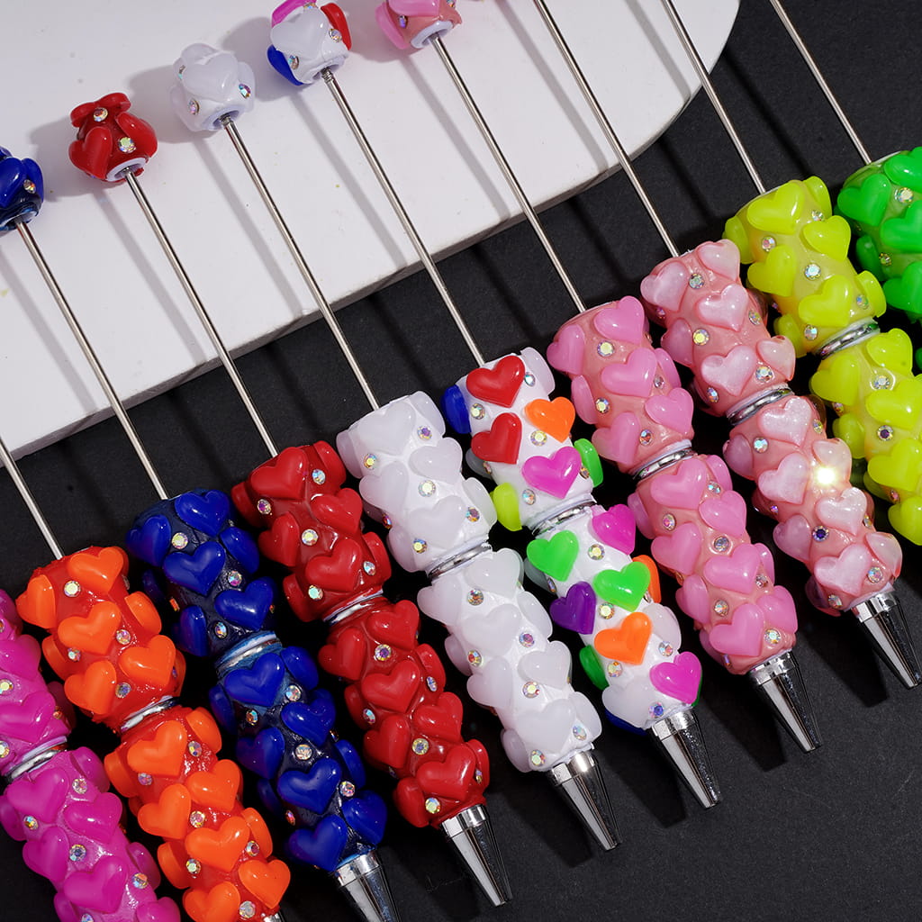 Beadable Clay Pens with Plump Hearts and Rhinestones, Neon, Multi-Color