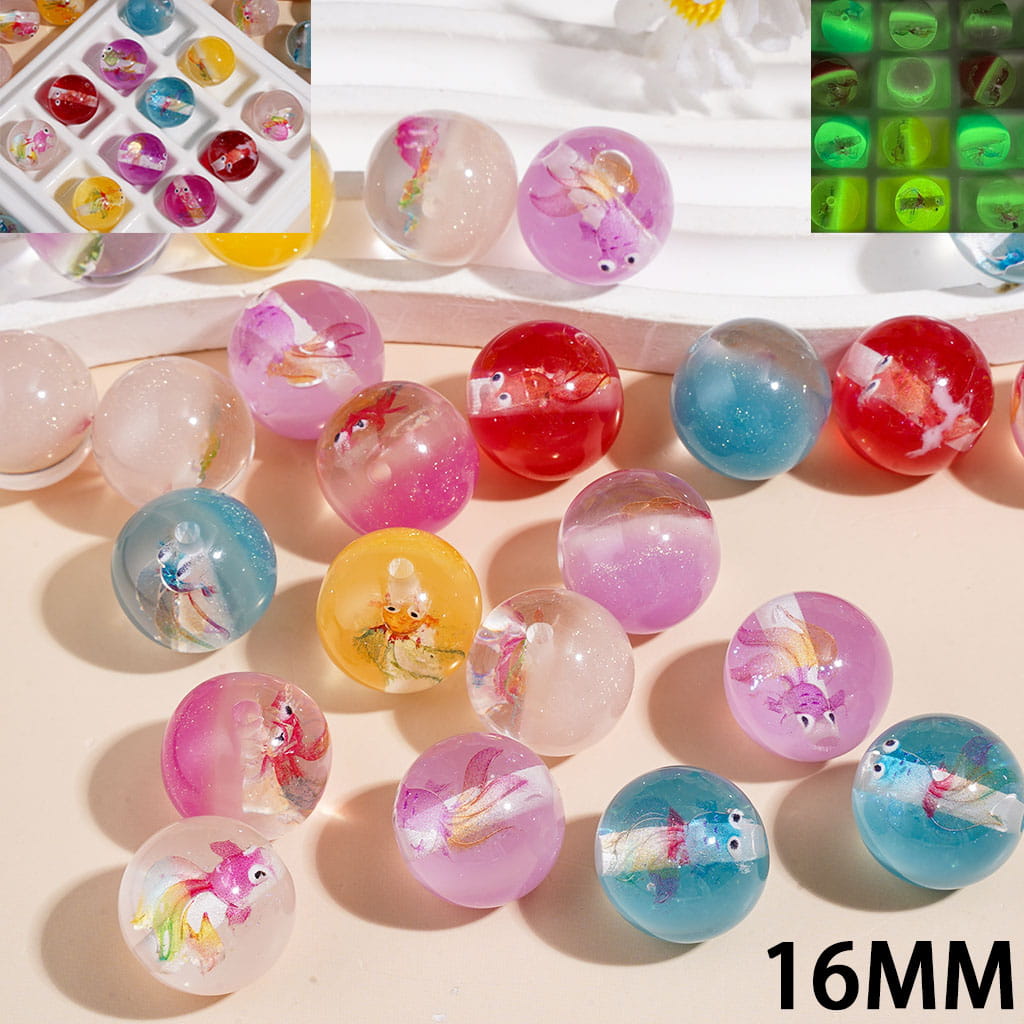 16MM Luminous & Color Changing- Goldfish and Gold Glitter Acrylic Beads for Bracelets, Semi-Clear, Multicolor, Random Mix