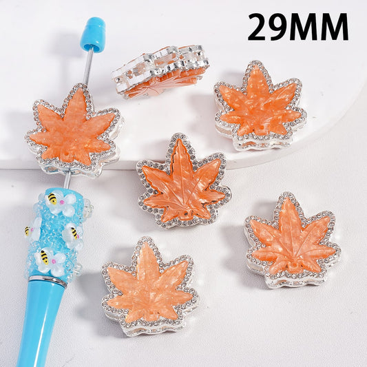Silver Color Metal Beads with Brown Color Maple Leaf and Clear Rhinestones, 29MM