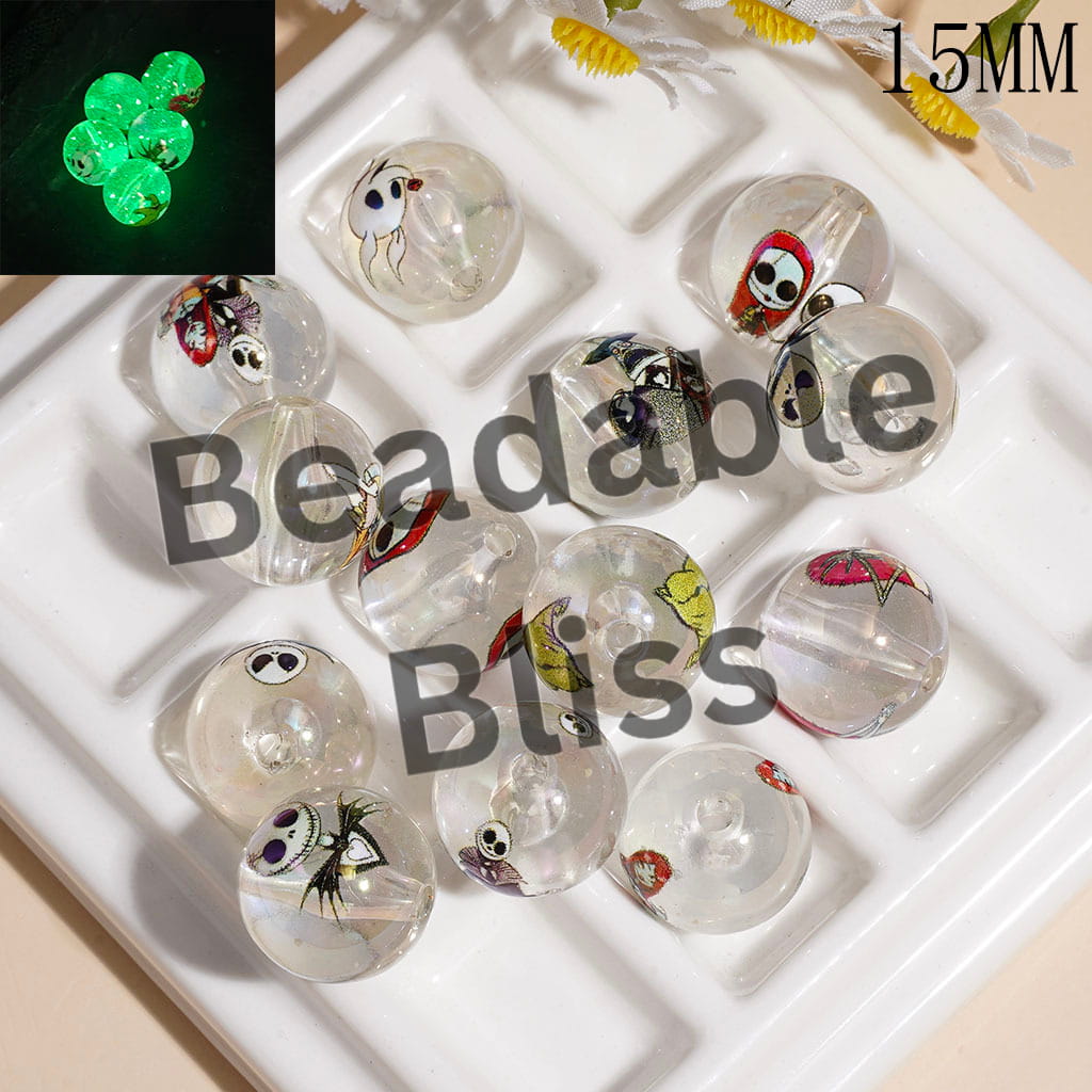 Acrylic Beads for Bracelets Luminous with Halloween Skull Skeleton Couple Character Prints, 15MM, Random Mix