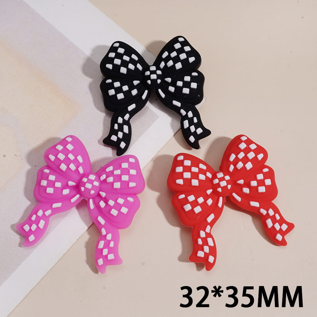 Silicone Focal Beads Bowtie Bowknot with White Checkered, Multi-Color