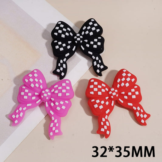 Silicone Focal Beads Bowtie Bowknot with White Checkered, Multi-Color