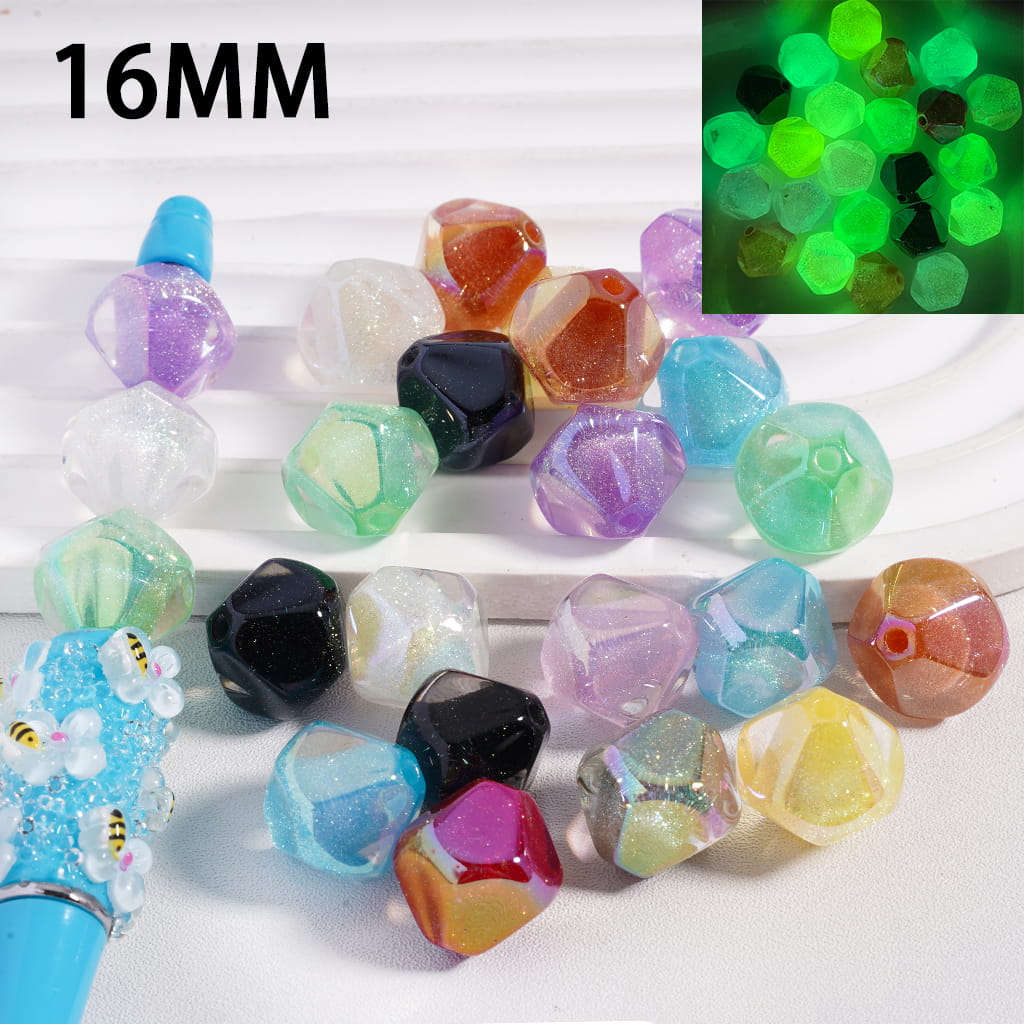 Acrylic Beads Luminous Spinning Top Shape with Gold Glitter, 16MM, Multi-Color, Random Mix