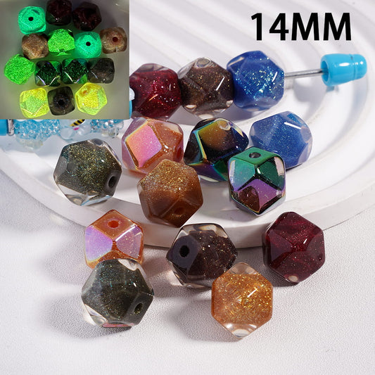 Colorful faceted beads on a white surface with close-up inset showing bead details.