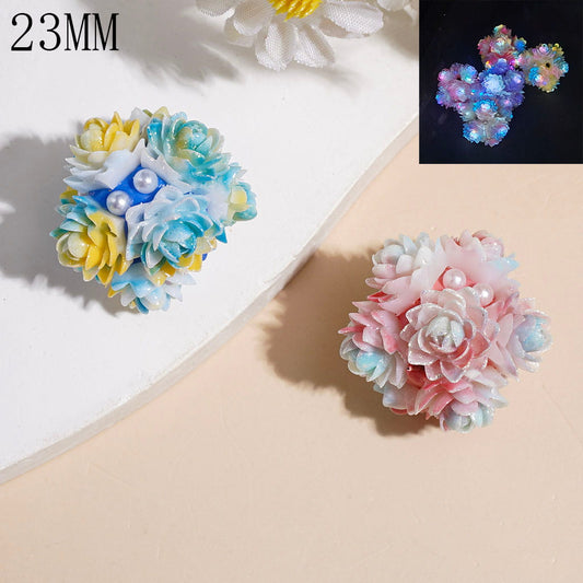 Clay Beads with Luminous & Gradient Color Flower with Glitter and White Pearl, 23MM Random Mix Multi-Color