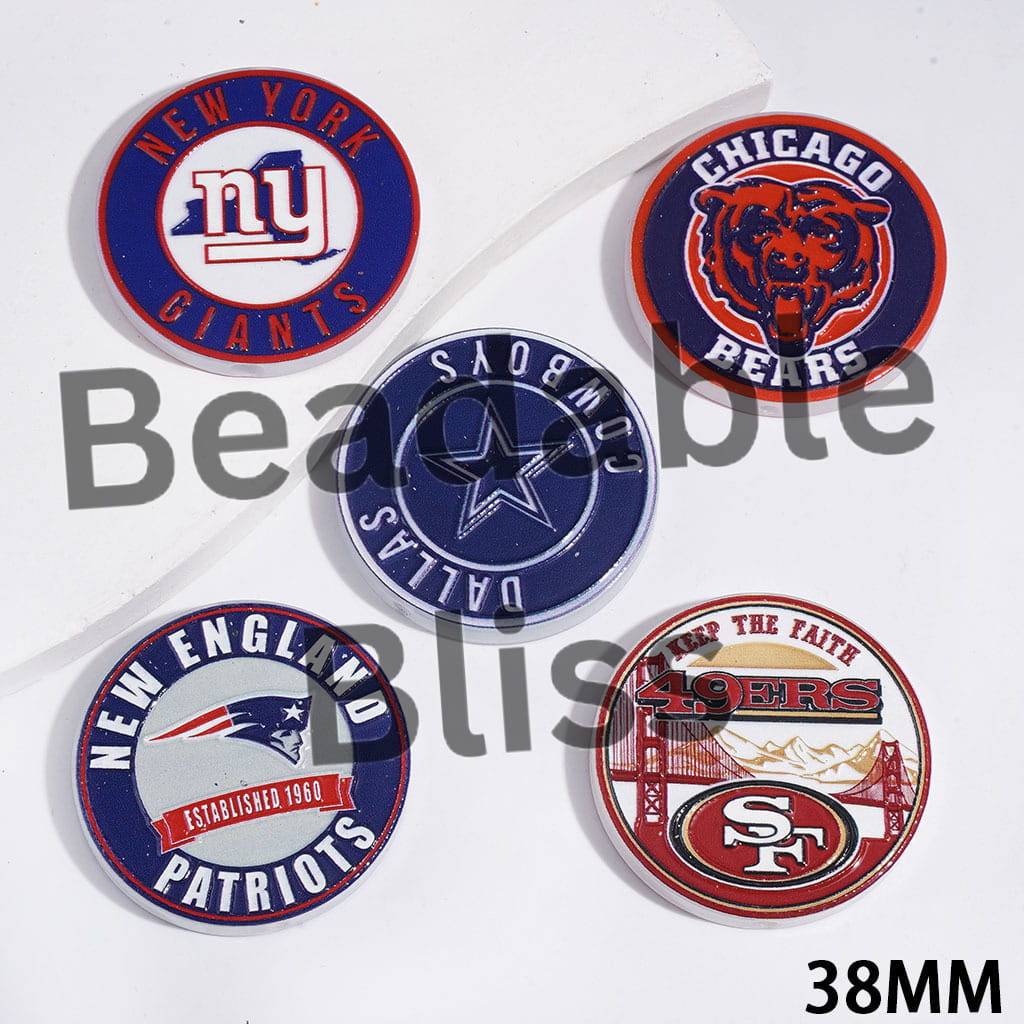 American Football Team Acrylic Beads, Flat Round Shape, 38MM Random Mix