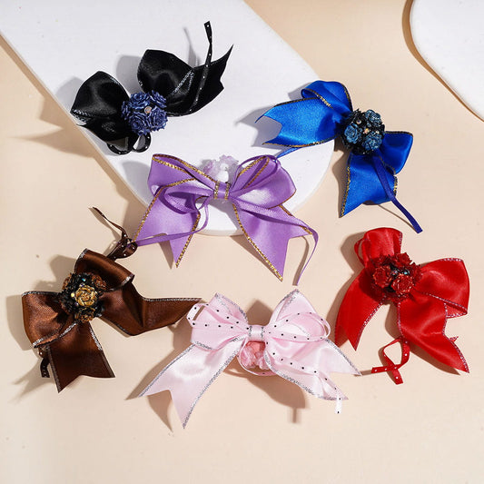 Elegant Fabric Bowtie Clay Beads with Glittery Camellia Rose Flower Decoration, AB Rhinestones, Assorted Colors, Random Mix