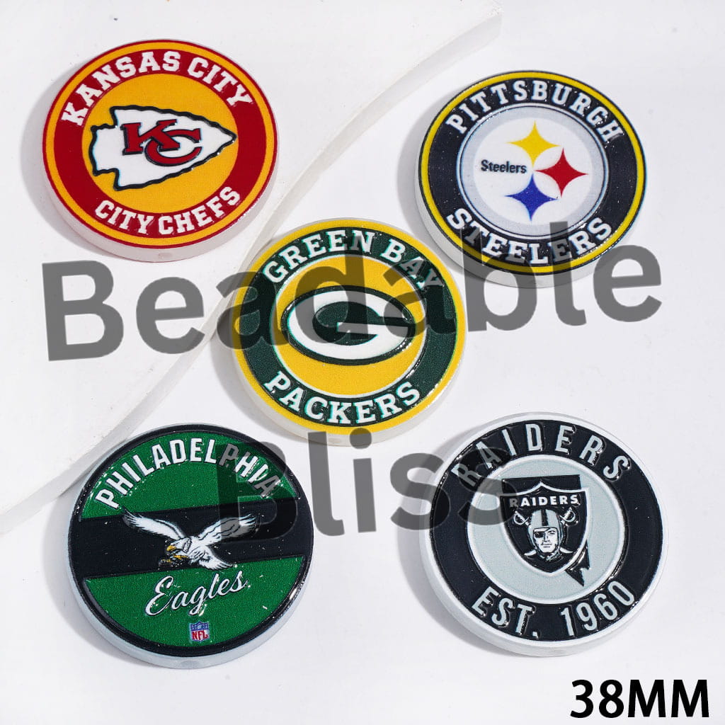American Football Team Acrylic Beads, Flat Round Shape, 38MM Random Mix