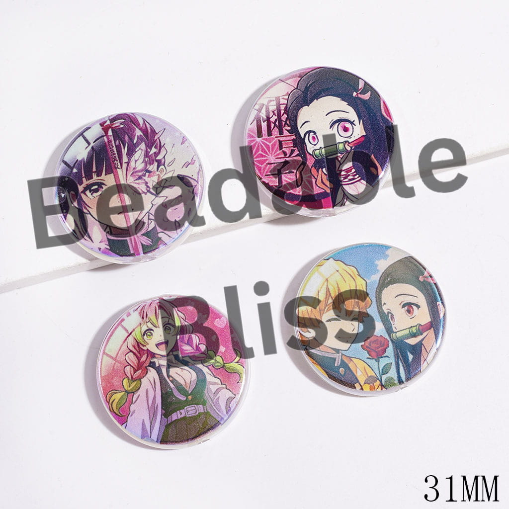 Acrylic Beads UV Coating Japanese Cosplay Characters, 31MM, Flat Round Shape, Random Mix