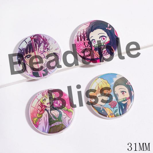 Acrylic Beads UV Coating Japanese Cosplay Characters, 31MM, Flat Round Shape, Random Mix