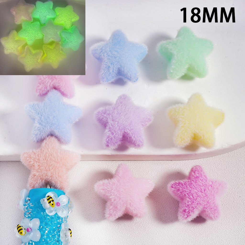 Acrylic Beads Flocked Fluffy Luminous Five-Pointed Star, Pastel Multi-Color, Random Mix, 18MM
