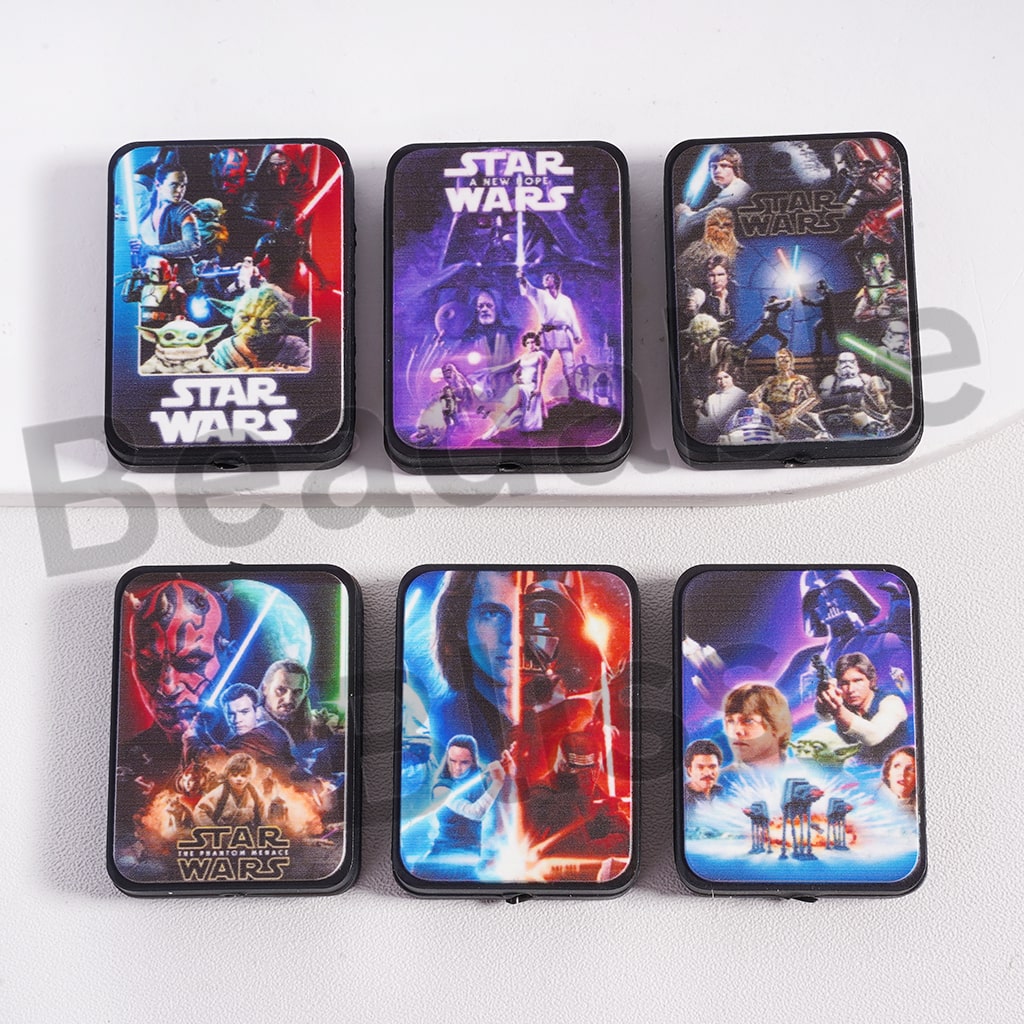 Silicone Focal Beads Fantasy Space Wars Series with Different Designs, Flat Square Shape, Random Mix