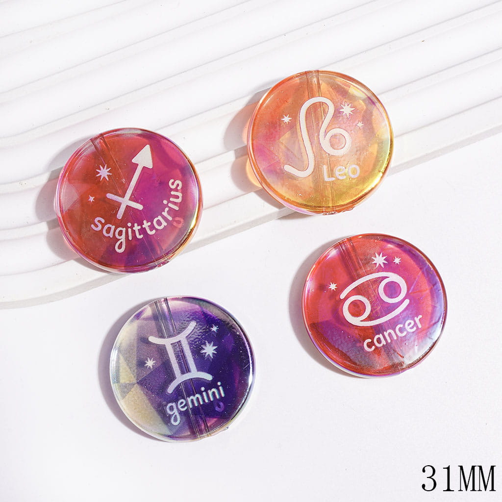 Clear Acrylic Beads UV Finish Twelve Constellations Series, 31MM, Flat Round Shape, Random Mix