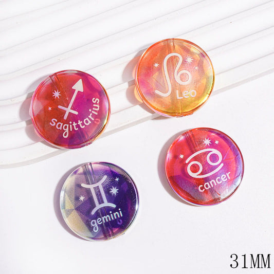 Clear Acrylic Beads UV Finish Twelve Constellations Series, 31MM, Flat Round Shape, Random Mix