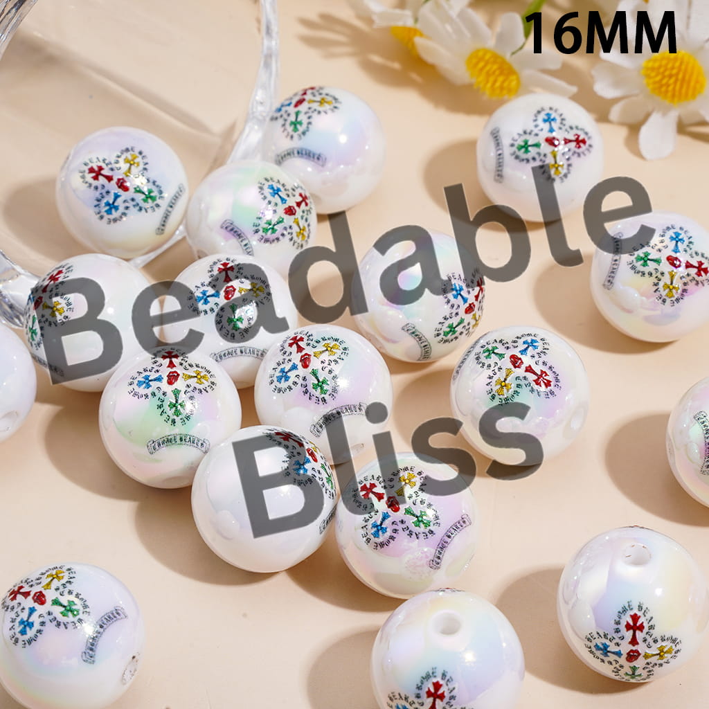 Acrylic Beads for Bracelets with Cross and Red Tongue and Sanskrit, 16MM