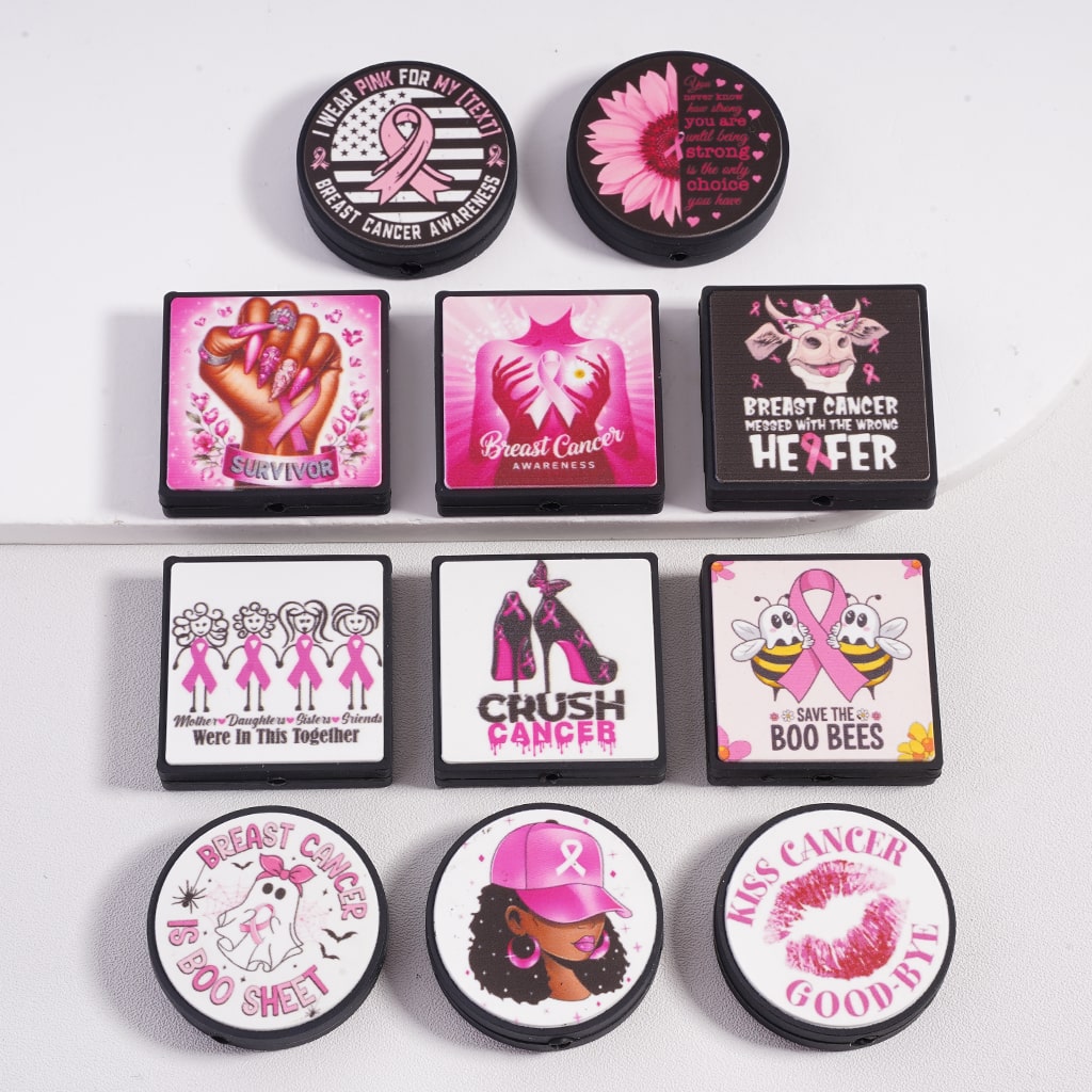 Silicone Focal Beads Breast Cancer Awareness Serious with Different Designs, Random Mix