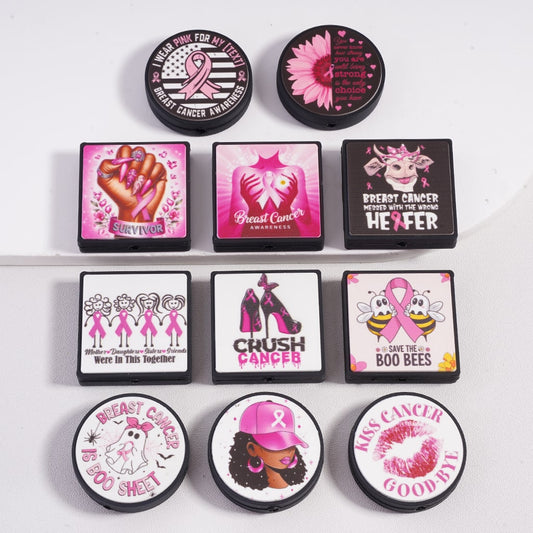 Silicone Focal Beads Breast Cancer Awareness Serious with Different Designs, Random Mix