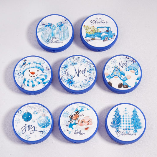 Silicone Focal Beads Beautiful Blue Christmas Serious with Different Designs, Flat Round Shape, Random Mix