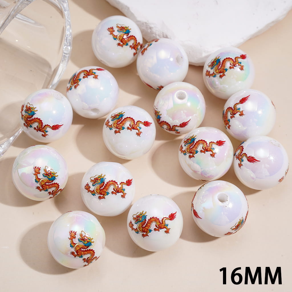 Acrylic Beads for Bracelets UV Coating with Chinese Fortunate Lucky Loong Pattern