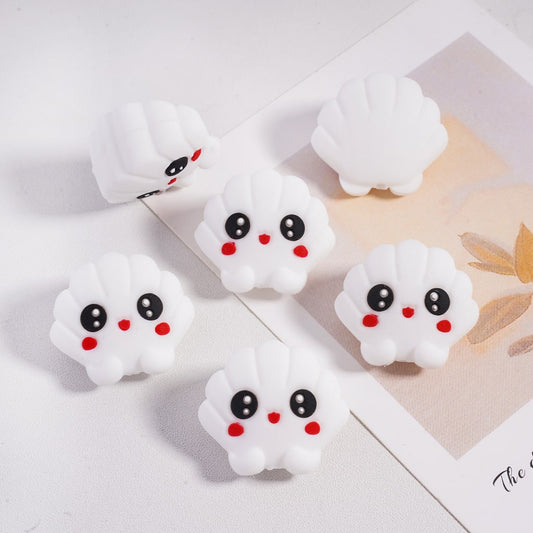 Silicone Focal Beads 3D Cute White Sea Shells with White Pearl Eyes