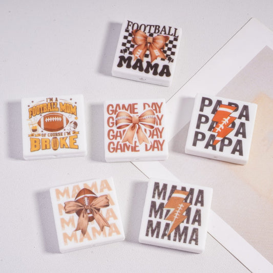 Silicone Focal Beads Papa Mama Football Family-Themed Game Day Cute Bows, Flat Square Shape, Random Mix