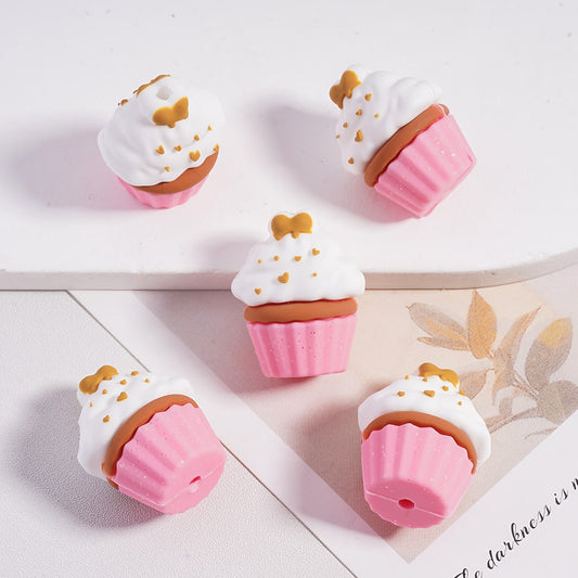 Silicone Focal Beads  3D Cute Cupcake with Golden Hearts and Bowtie