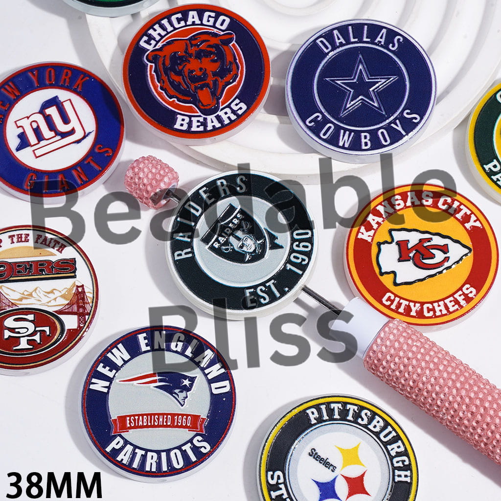 American Football Team Acrylic Beads, Flat Round Shape, 38MM Random Mix