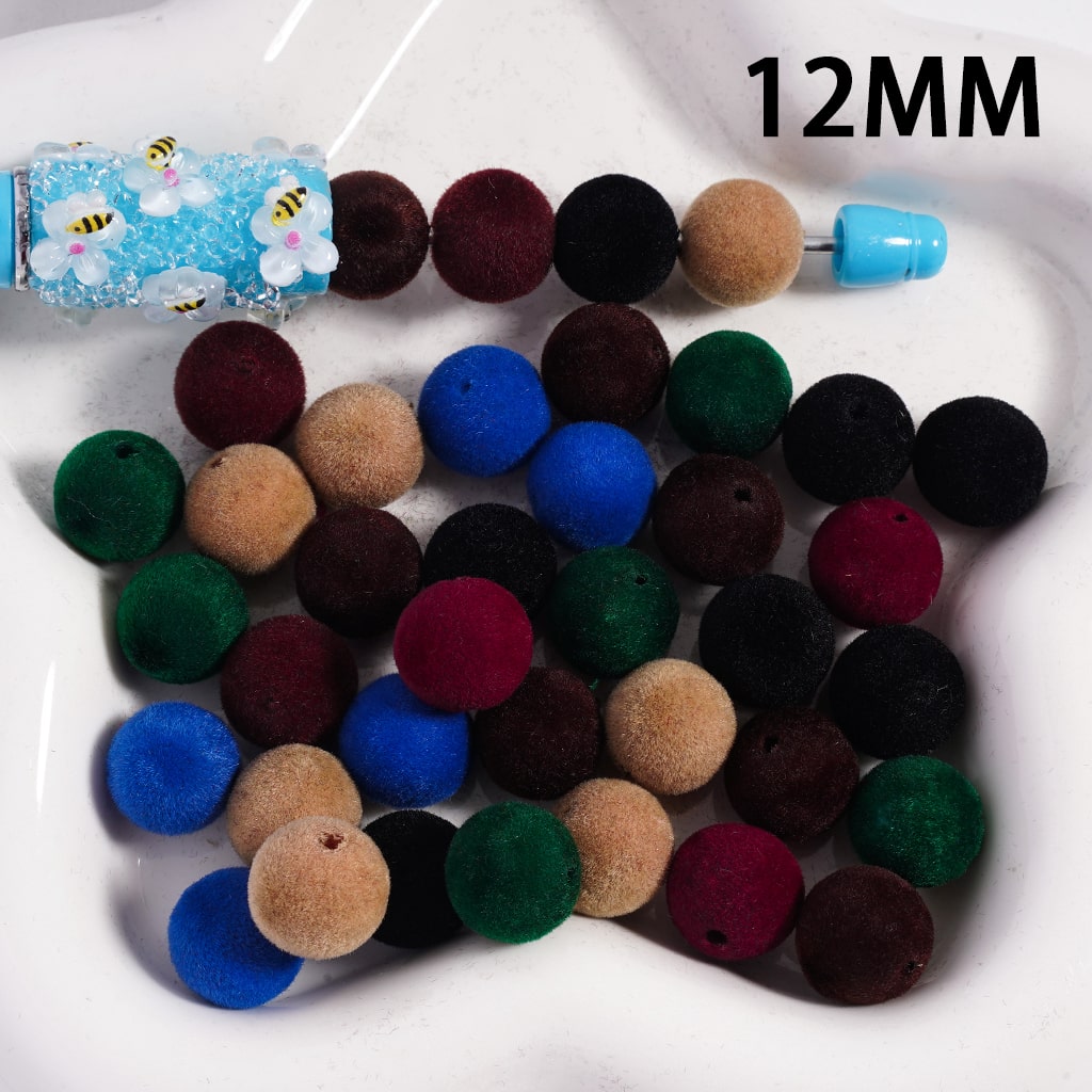 Acrylic Beads Flocked Fluffy, Dark Multi-Colors, Random Mix, 12MM
