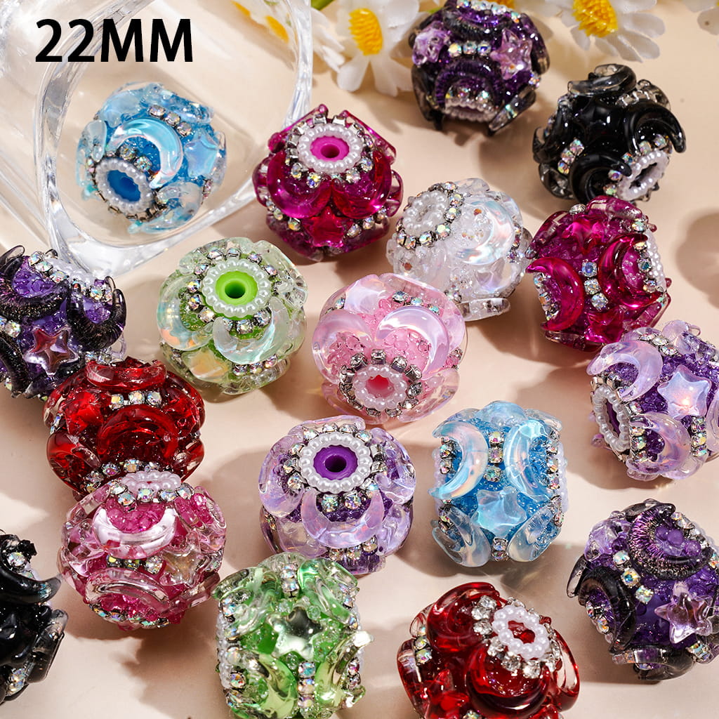 Handmade Acrylic Sugar Beads w Crescent Moon & Stars, White Pearl & Clear & AB Rhinestones, 22MM, Random Mix