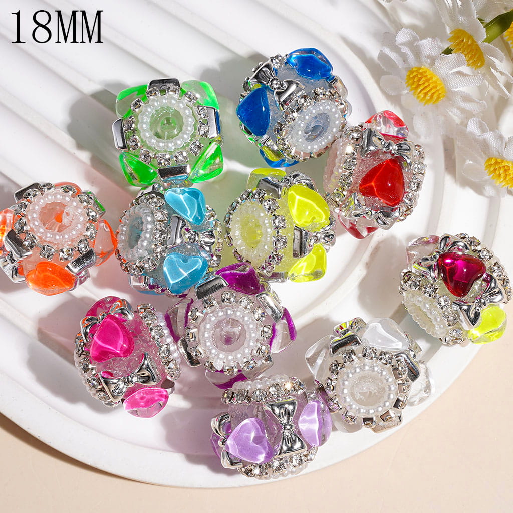 Handmade Acrylic Beads w Heart Shape Rhinestone & Silver Bowtie, Clear Rhinestones & White Pearl Chains, 18MM Random Mix Multi-Color