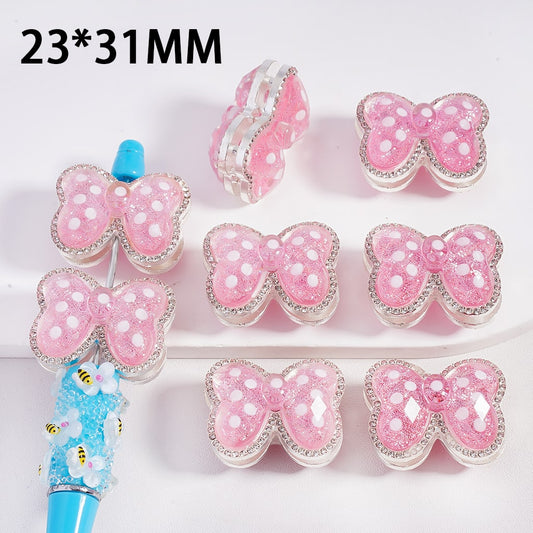 Silver Color Metal Beads with White Polka Dots over Glittery Pink Butterfly & Clear Rhinestones, 23*31MM