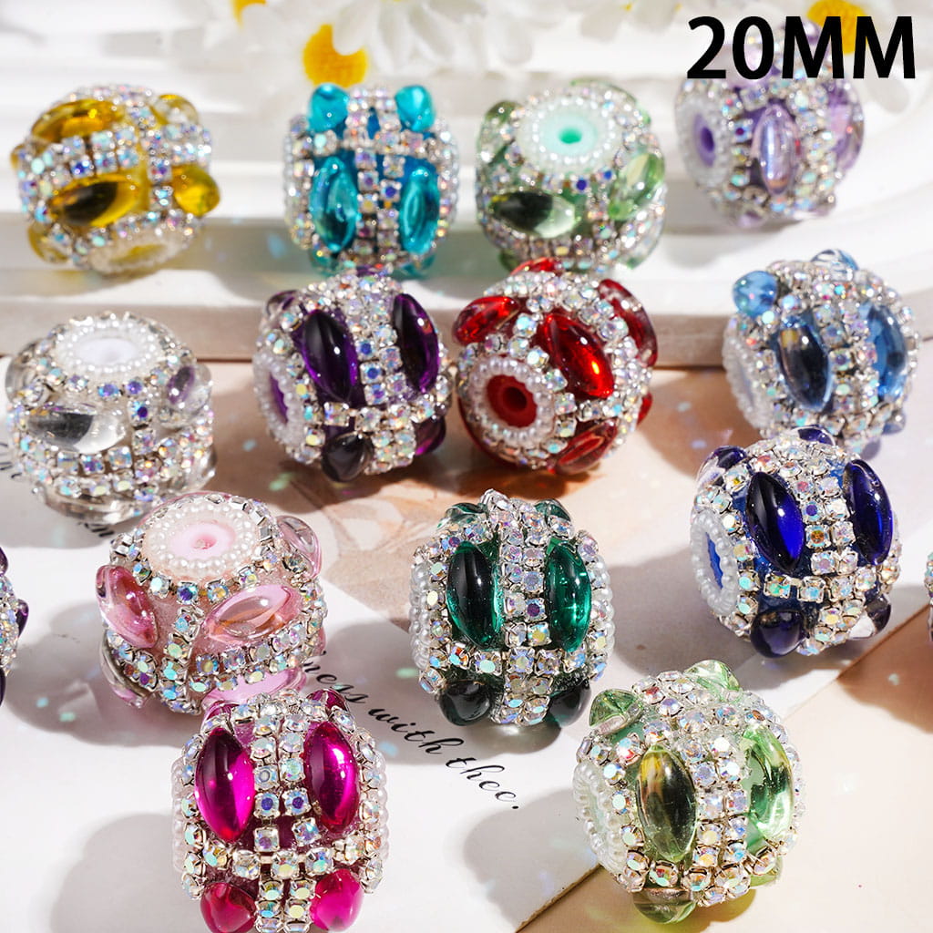 Handmade Acrylic Beads with Two Rows Marquise Cut Rhinestones, White Pearl & AB Rhinestones Chains, 20MM Multi-Color Random Mix