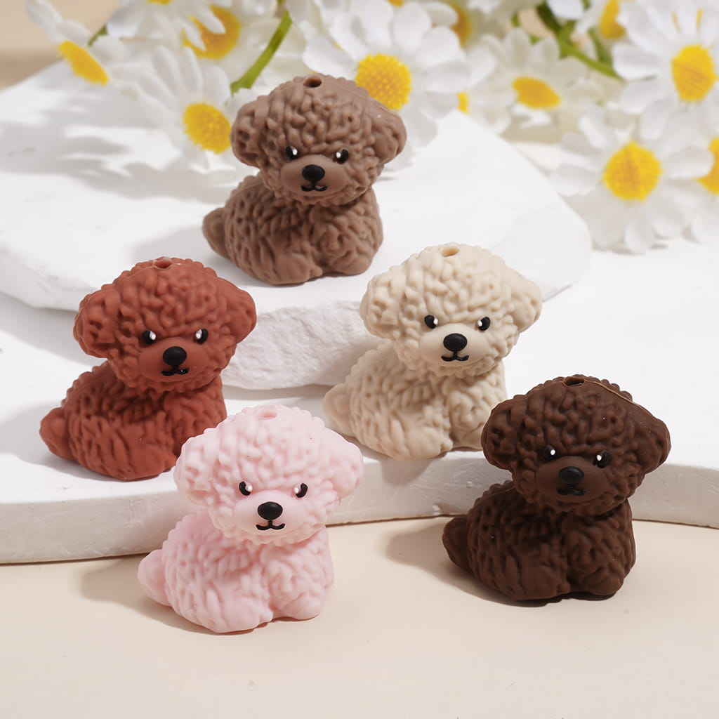 Silicone Focal Beads 3D Assorted Colors Teddy Dog in Sitting Position