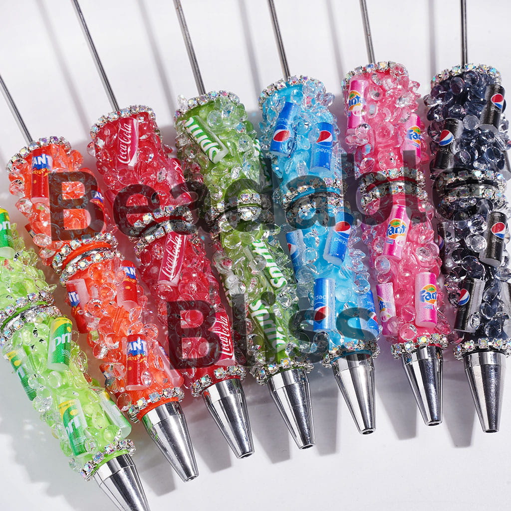 Handmade Beadable Pens with Soda Carbonated Soft Drinking Can and Cone Shaped Rhinestone, AB Chains, Multi-Color