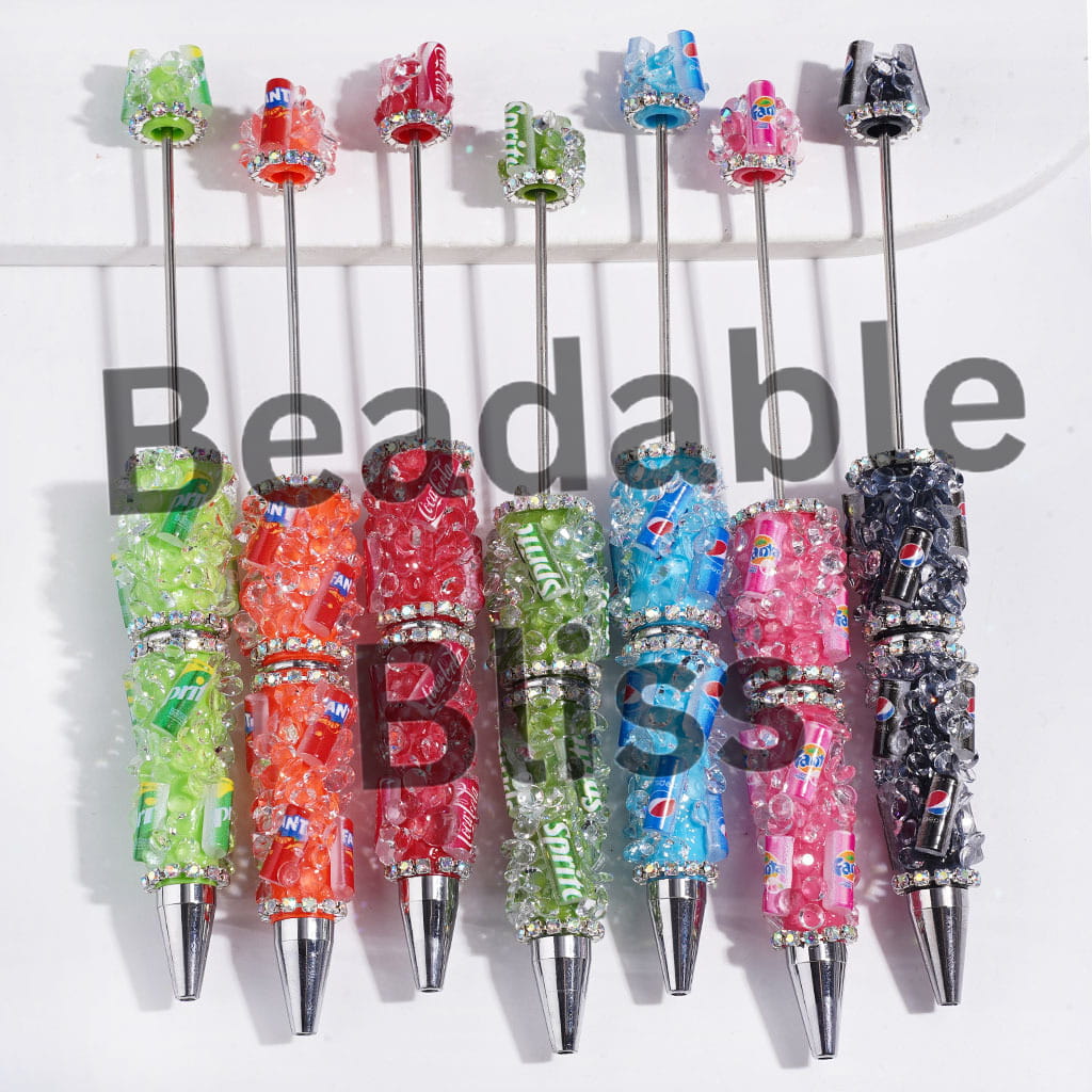 Handmade Beadable Pens with Soda Carbonated Soft Drinking Can and Cone Shaped Rhinestone, AB Chains, Multi-Color