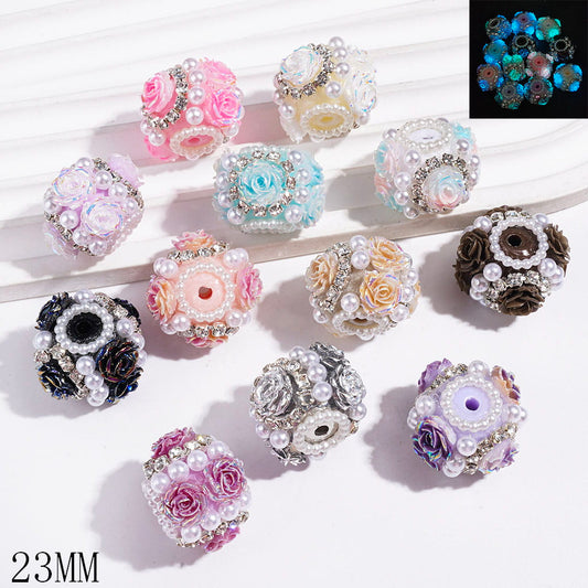 Hand-Made Acrylic Beads with Luminous & UV Finish Rose Flowers, with Clear Rhinestone Chains & White Pearls, 23MM, Multi-Color, Random Mix