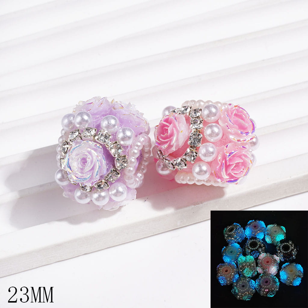 Hand-Made Acrylic Beads with Luminous & UV Finish Rose Flowers, with Clear Rhinestone Chains & White Pearls, 23MM, Multi-Color, Random Mix