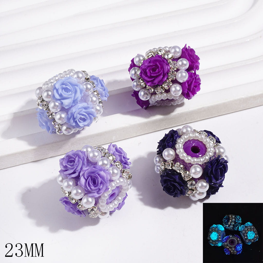 Luminous Rose Flowers & Clear Rhinestone Chains & White Pearls Handmade Acrylic Beads, 23MM, Assorted Colors Series  Dark Blue-Light Purple-Dark Purple-Light Blue