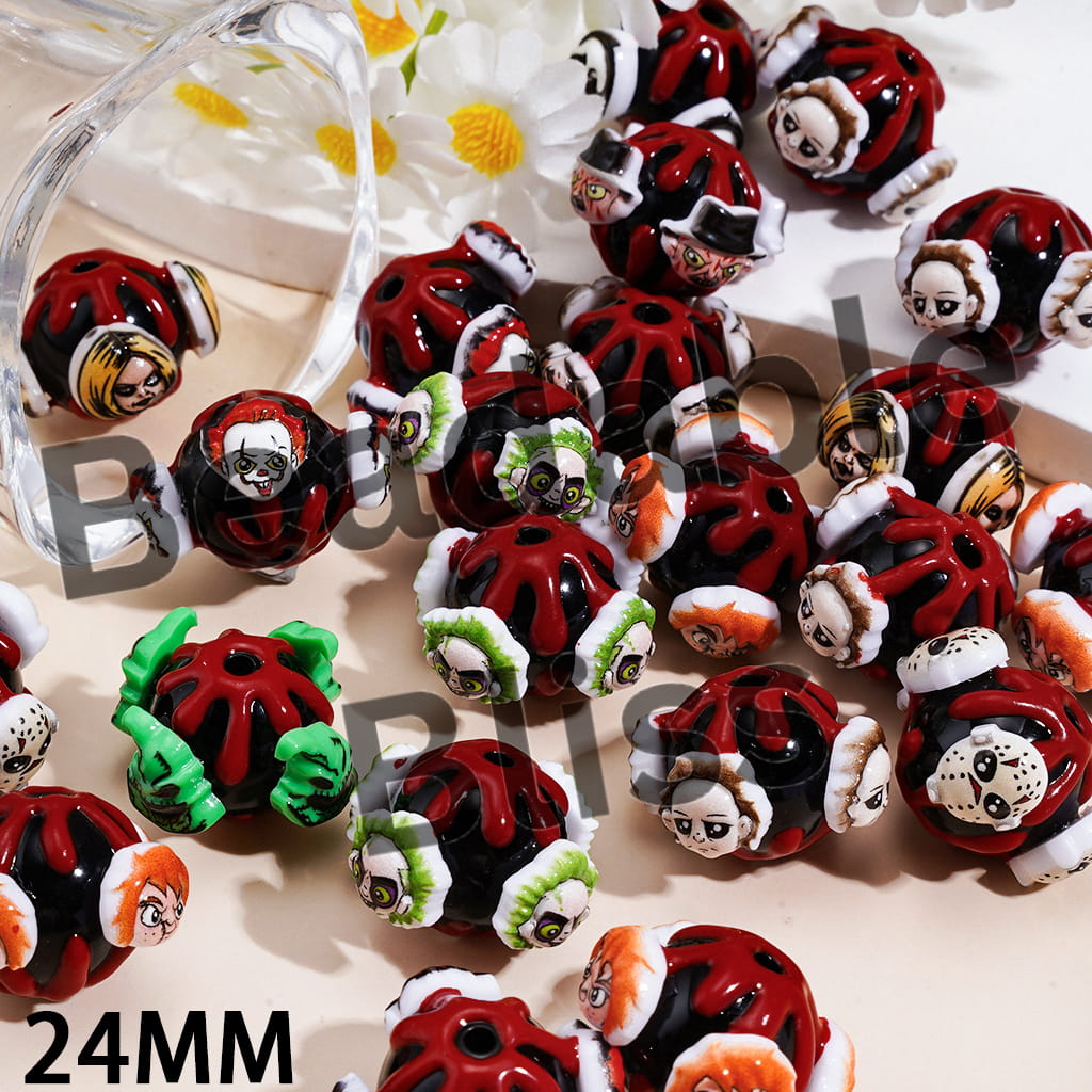 Handcrafted Acrylic Beads with Halloween Horror Character Series and Red Liquid, 24MM, Random Mix