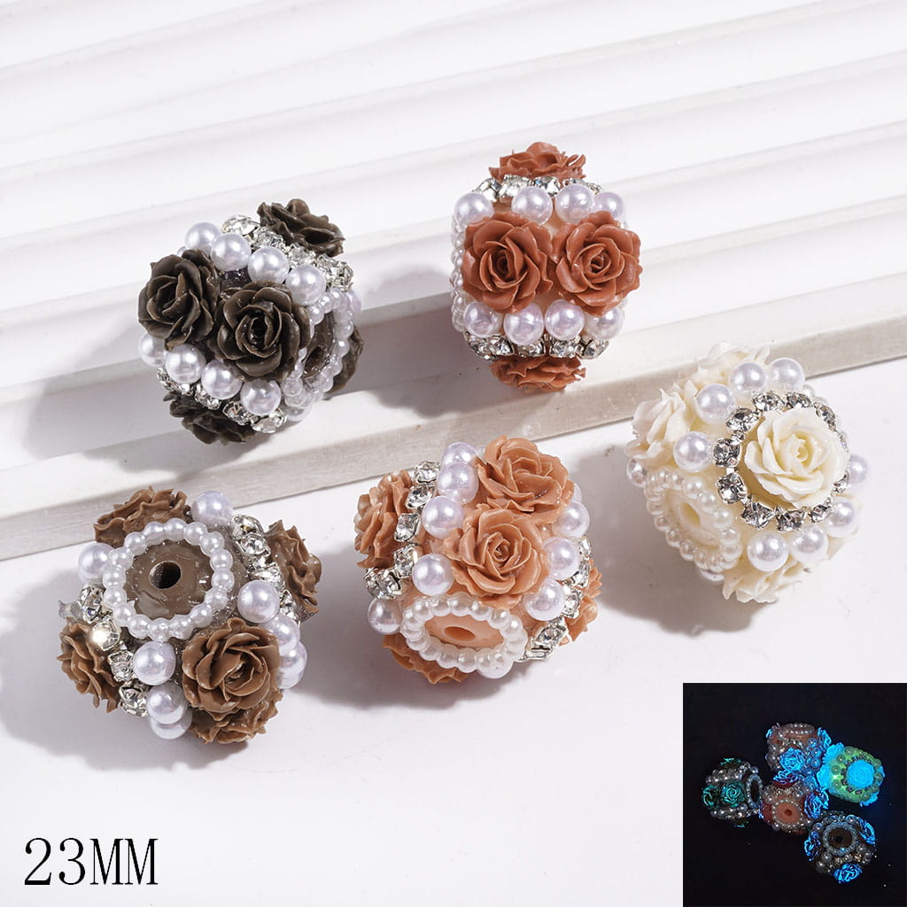 Luminous Rose Flowers & Clear Rhinestone Chains & White Pearls Handmade Acrylic Beads, 23MM, Assorted Colors Series  Dark Blue-Light Purple-Dark Purple-Light Blue