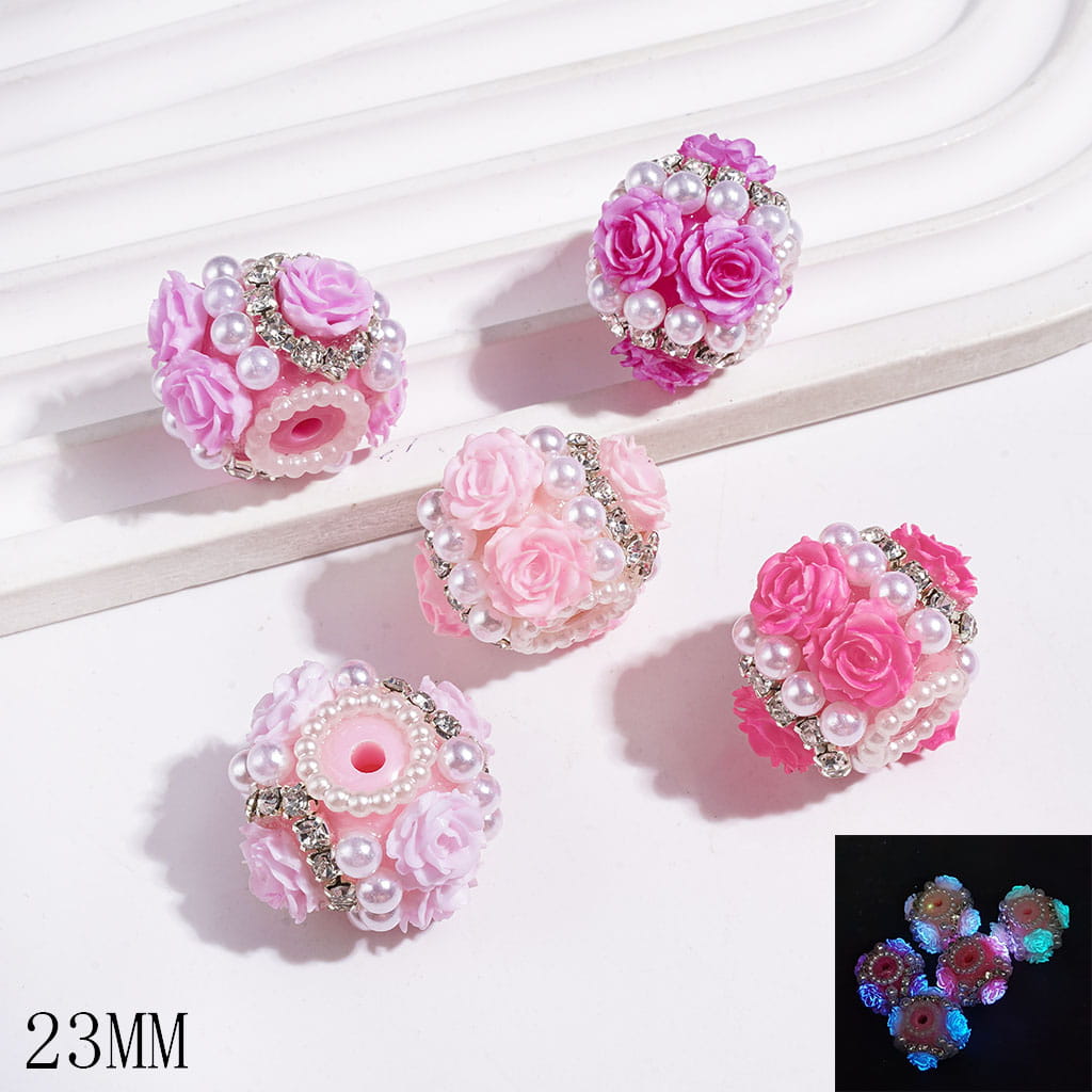 Luminous Rose Flowers & Clear Rhinestone Chains & White Pearls Handmade Acrylic Beads, 23MM, Assorted Colors Series  Dark Blue-Light Purple-Dark Purple-Light Blue