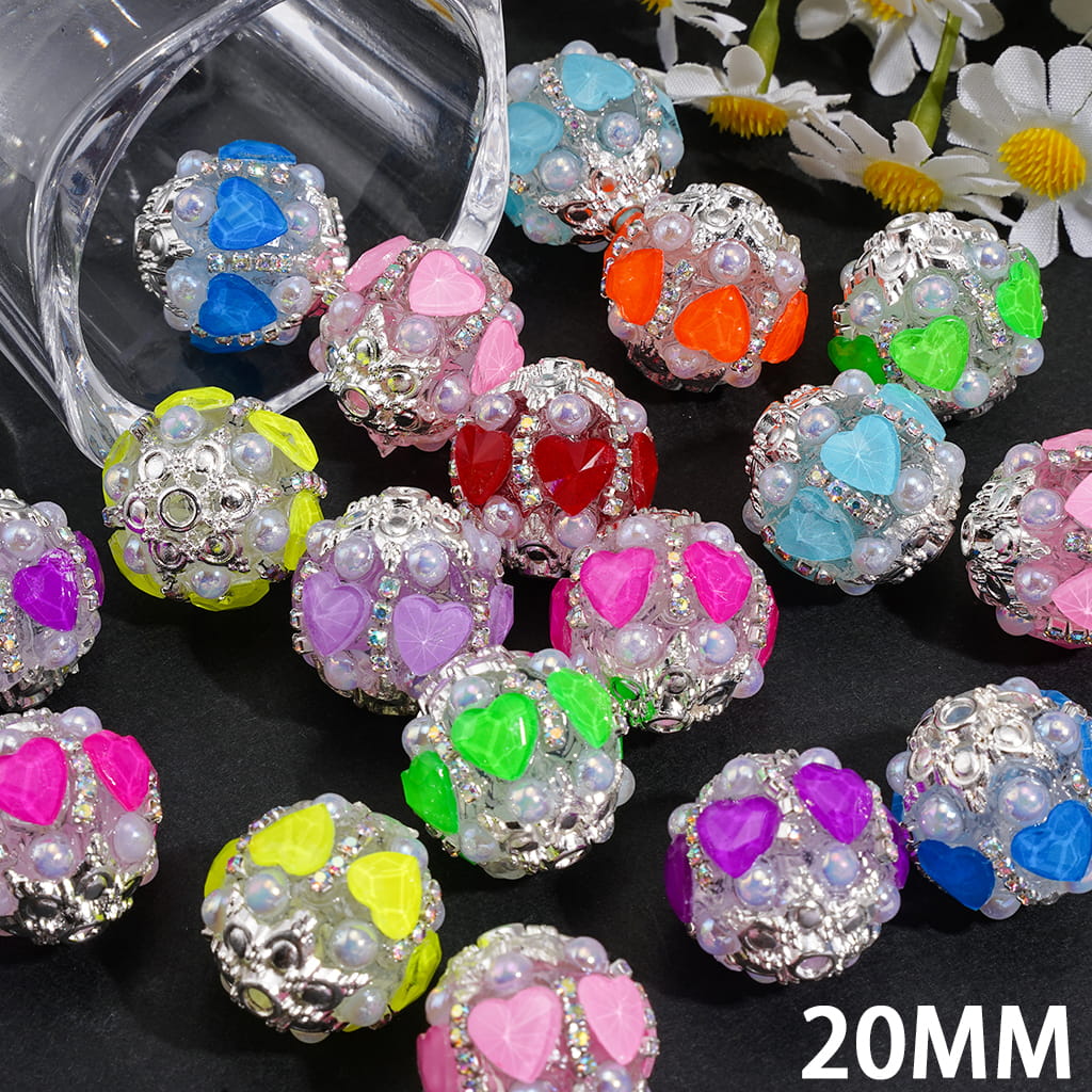 Handmade Acrylic Beads w Silver Alloy Six Pointed Flowers on Both Base Sides, UV Coated Half Faced Pearls & Heart & AB Rhinestone Chains, Neon, 20MM, Random Mix
