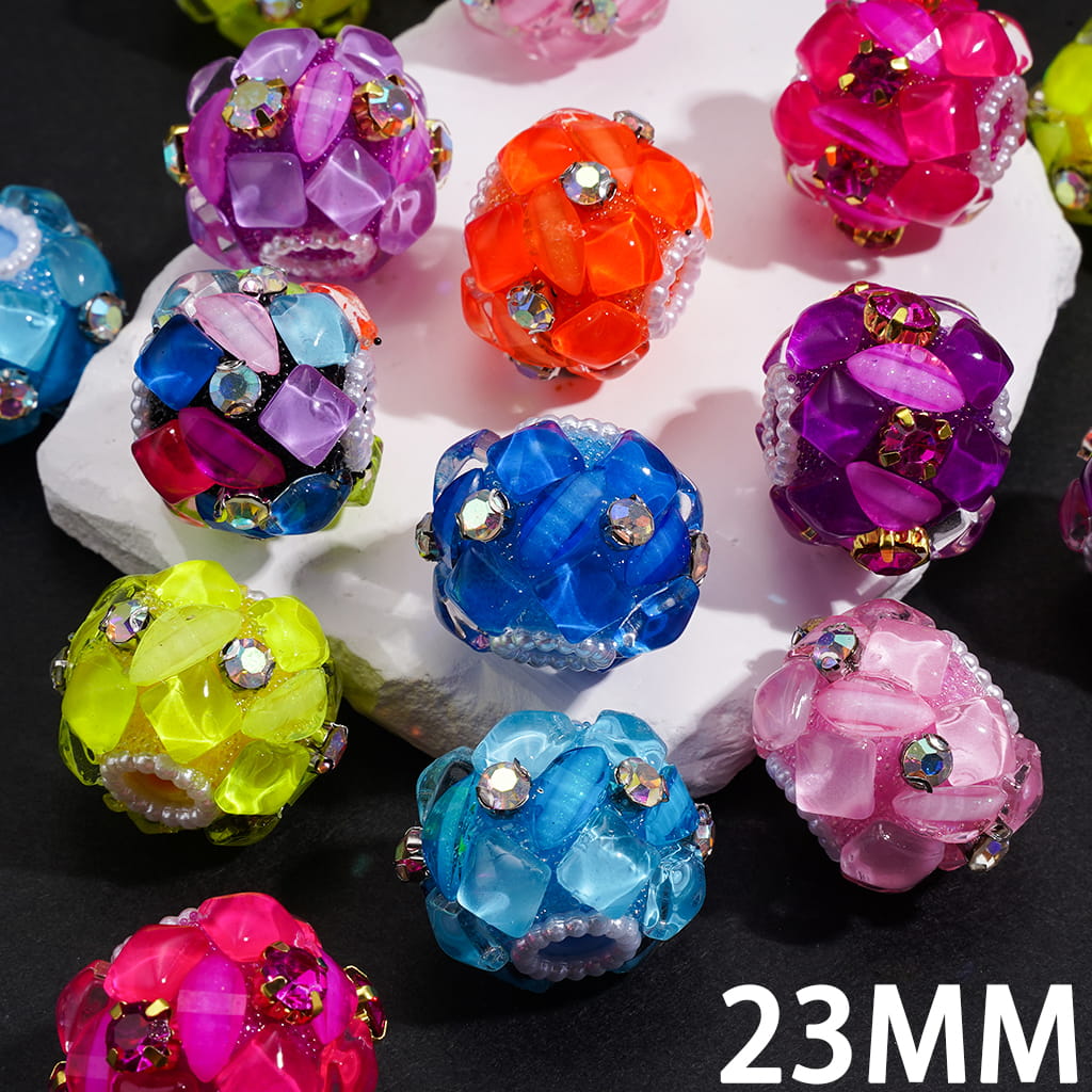 Hand-Made Acrylic Beads w Squares & Leaves Rhinestones, Gold Metal Claw Setting w Rhinestones, White Pearl Chains, Neon, 23MM, Random Mix