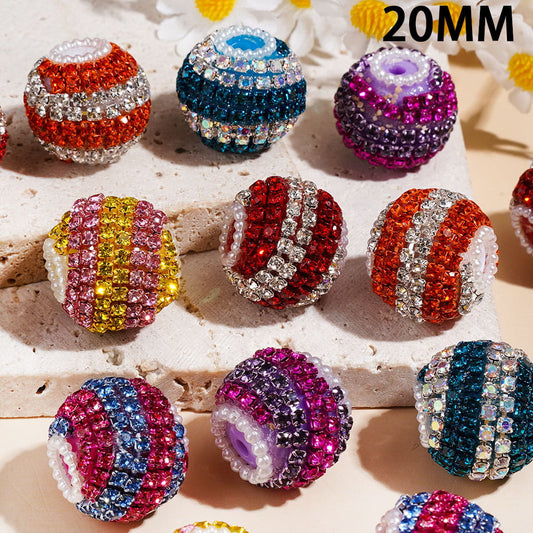 Hand-Made Acrylic Beads with Double Color Spiral Striped Rhinestone Chains, White Pearl Loop, 20MM Multi-Color Random Mix
